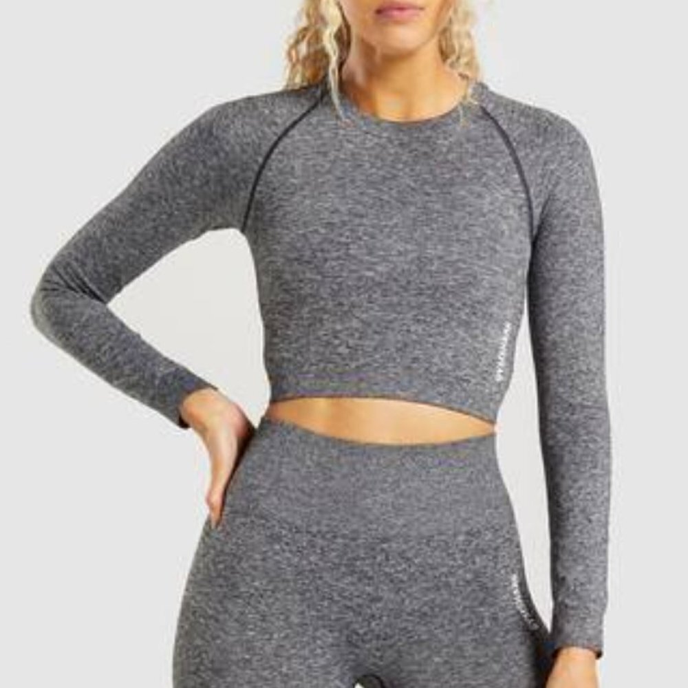 Gymshark Adapt Marl Seamless Long Sleeve Crop Top Grey /Black Size Medium - NEW